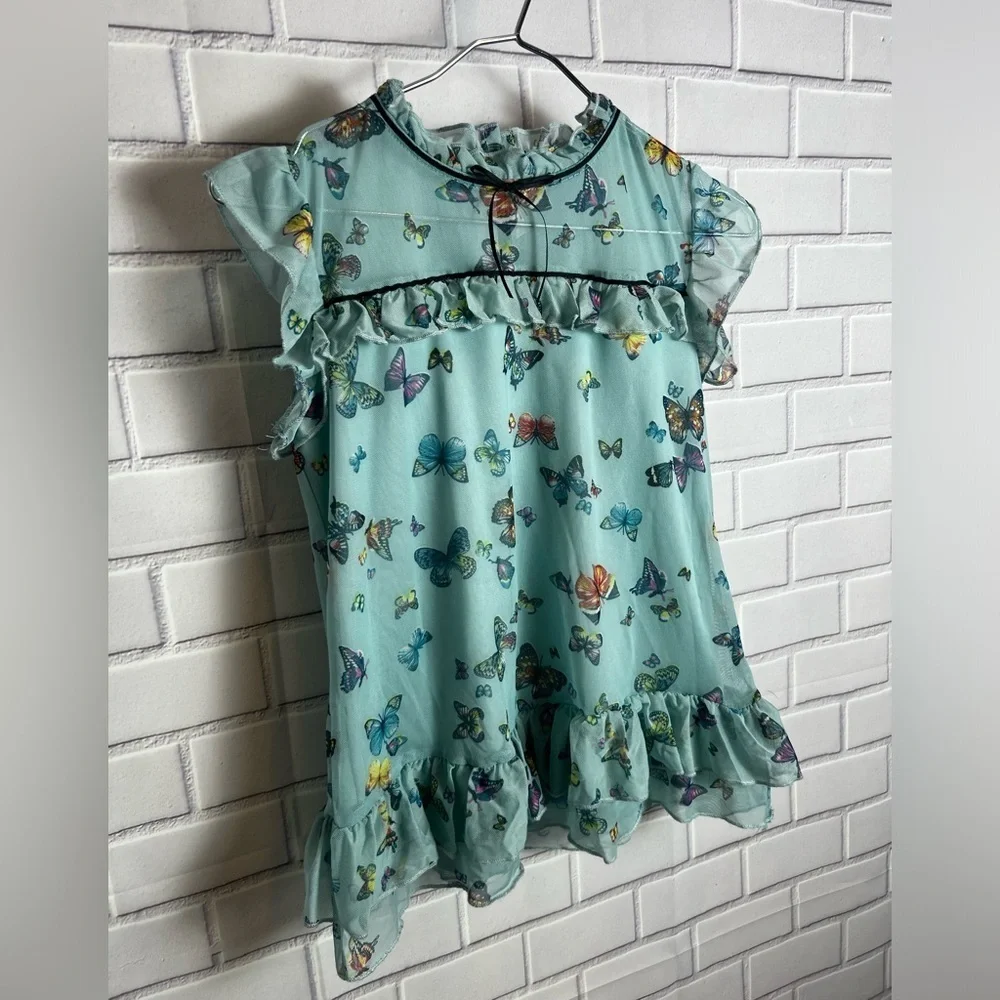 Knitworks Butterfly Print Ruffle girls blouse / green size L(14)